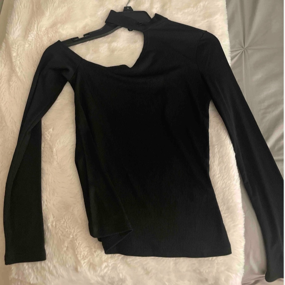 Black Off One Shoulder Asymmetrical Slim Fit Shirt Top Mock Neck - Picture 11 of 13